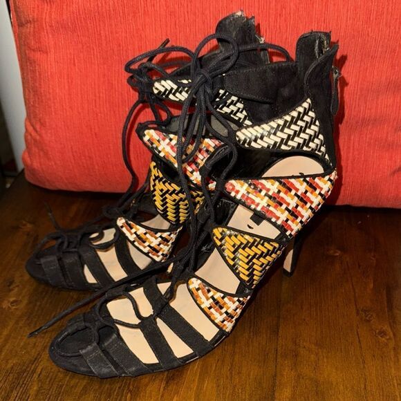 ZARA Sandal Strappy Black Faux Suede Woven Multicolor Stiletto Heel EUC sz 41 - Picture 7 of 9